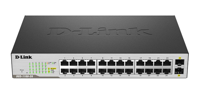 24 Port 10/100/1000Mbps + 2 SFP Gigabit Smart Switch D-Link DGS-1100-26