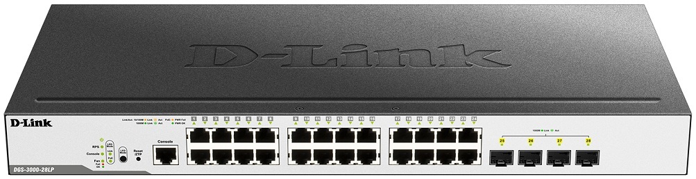 24-port 10/100/1000 Mbps PoE + 4-port SFP L2 Gigabit Managed Switch D-Link DGS-3000-28LP