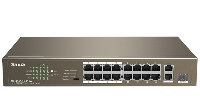 16-Port PoE + 2GE/1SFP Switch TENDA TEF1118P-16-150W