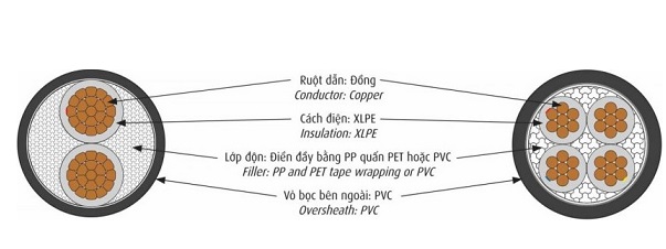 Cáp điện lực hạ thế 3 lõi pha + 1 lõi đất 0.6/1kV CADIVI CXV-3x50+1x25